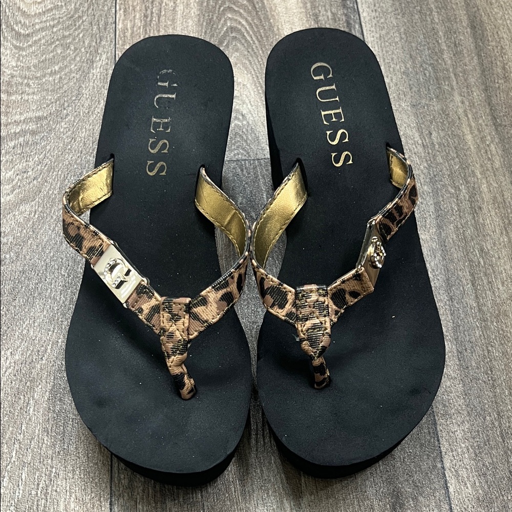 Guess Black and Leopard Platform Flip Flops with Gold Detail